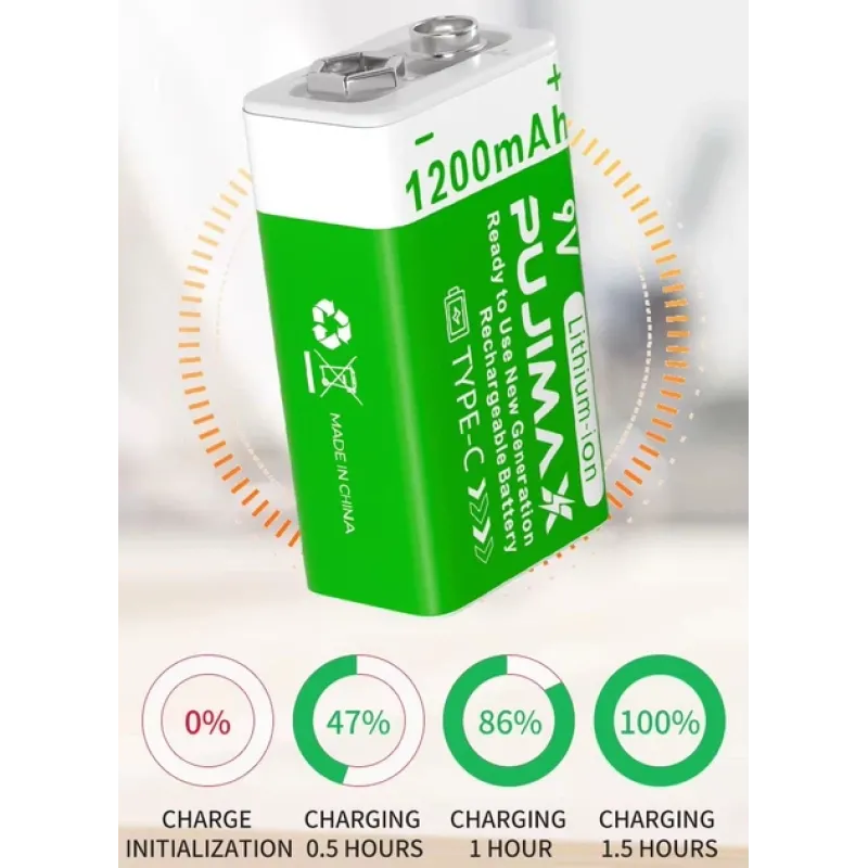 Аккумуляторные батареи Крона PUJIMAX 9V 1200mAh (4600 мВт·ч) Type-C, комплект 2 шт.