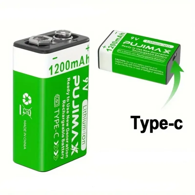 Аккумуляторные батареи Крона PUJIMAX 9V 1200mAh (4600 мВт·ч) Type-C, комплект 2 шт.