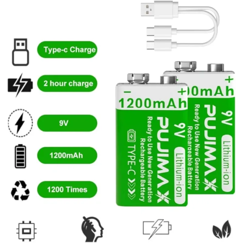 Аккумуляторные батареи Крона PUJIMAX 9V 1200mAh (4600 мВт·ч) Type-C, комплект 2 шт.