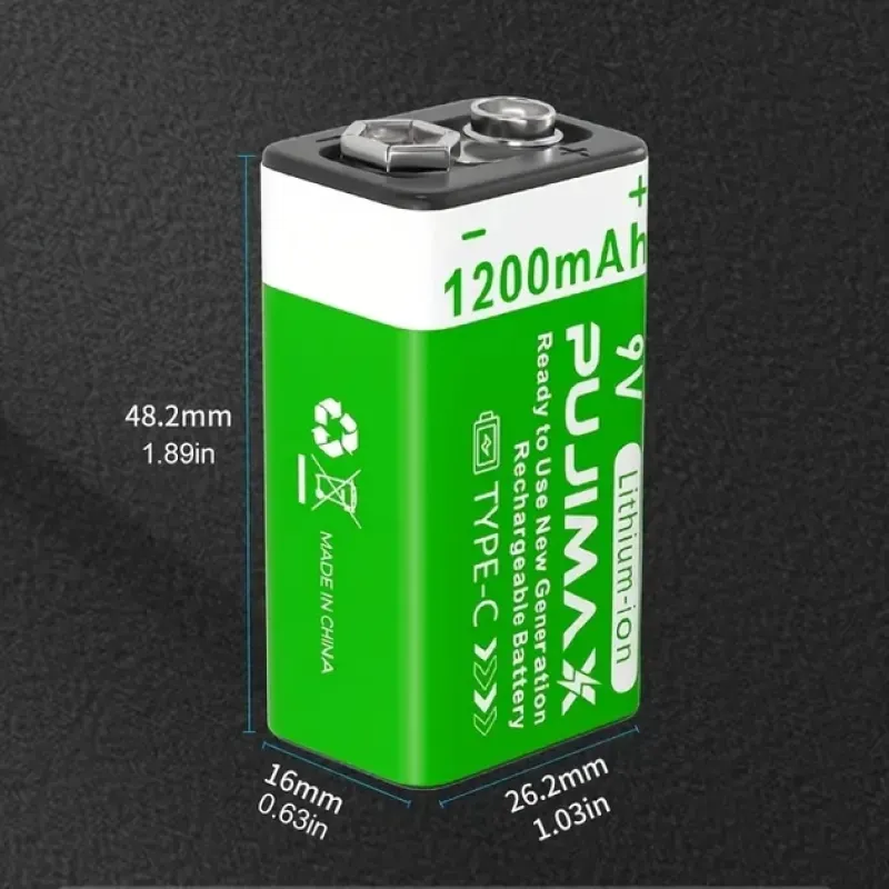 Аккумуляторные батареи Крона PUJIMAX 9V 1200mAh (4600 мВт·ч) Type-C, комплект 2 шт.
