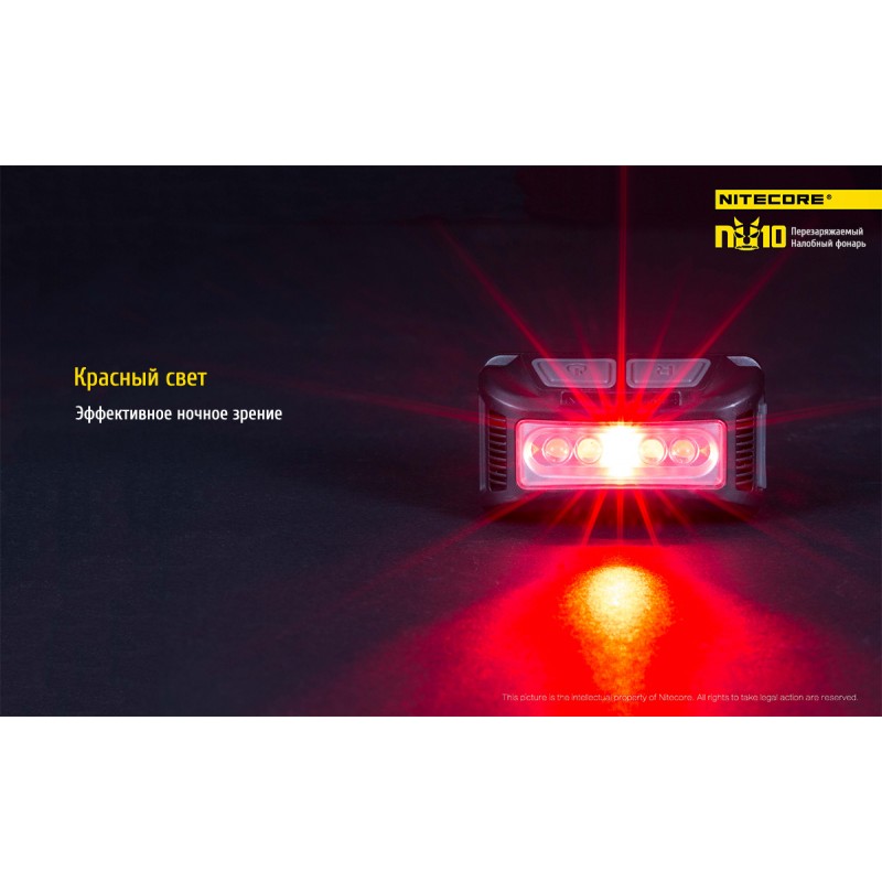 Фонарь налобный Nitecore NU10 (4xLED + RED LED, 160 люмен, 7 режимов, USB), красный