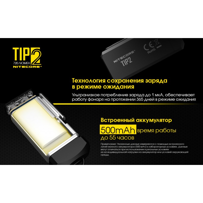 Мощный наключный фонарь Nitecore TIP 2, магнит
