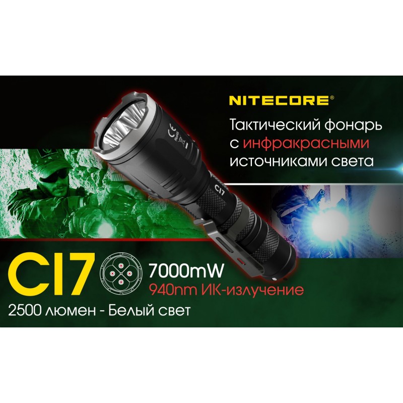 Мощный тактический фонарь NItecore CI7 с белым и инфракрасным светом