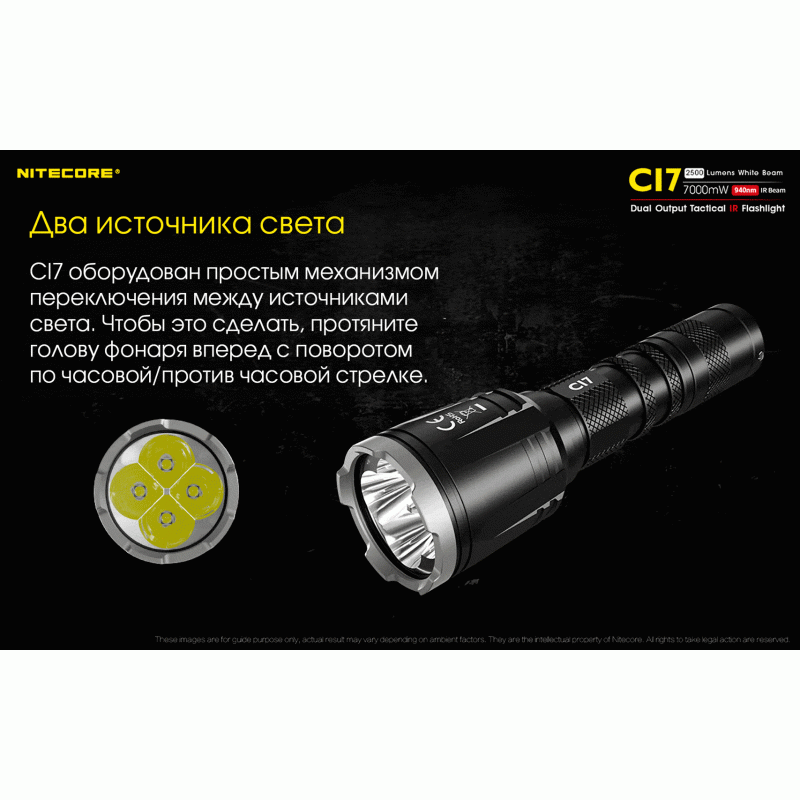 Мощный тактический фонарь NItecore CI7 с белым и инфракрасным светом