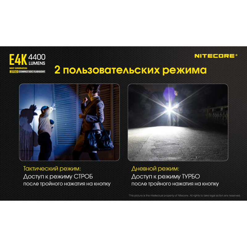 Ліхтар Nitecore E4K (Cree XP-L2 V6 LED, 4400 люмен, 8 режимів, 1x21700), комплект