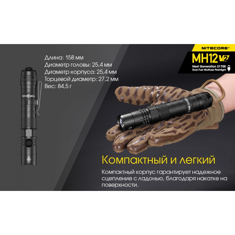 Тактический заряжаемый фонарь Nitecore MH12 V2 (USB Type-C)