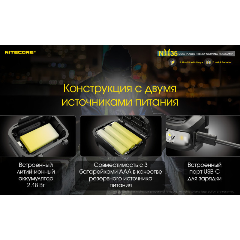 Налобный фонарь с универсальным питанием Nitecore NU35 (3xAAA, USB Type-C)