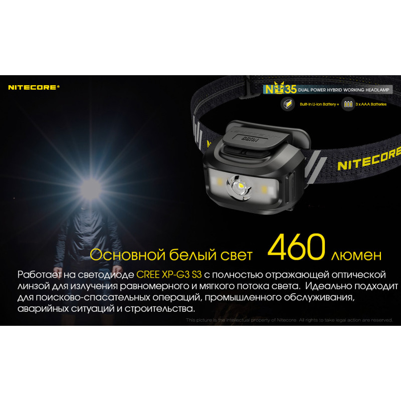 Налобный фонарь с универсальным питанием Nitecore NU35 (3xAAA, USB Type-C)