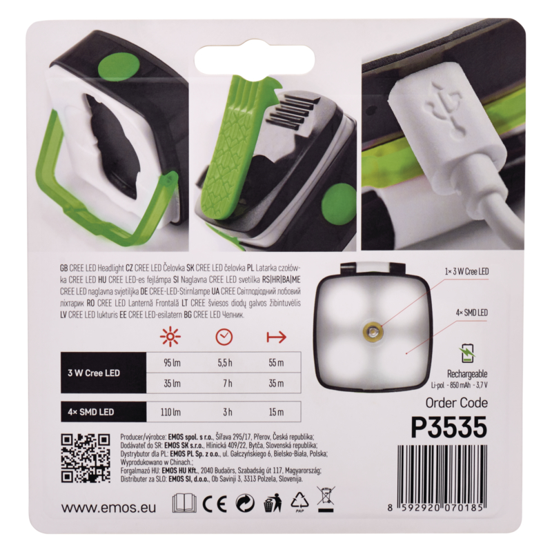 Фонарь налобный Emos P3535 (Cree + 4xSMD, 110 люмен, 3 режима, USB)