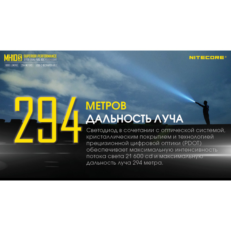Потужний кишеньковий ліхтар Nitecore MH10S (USB Type-C), що заряджається.