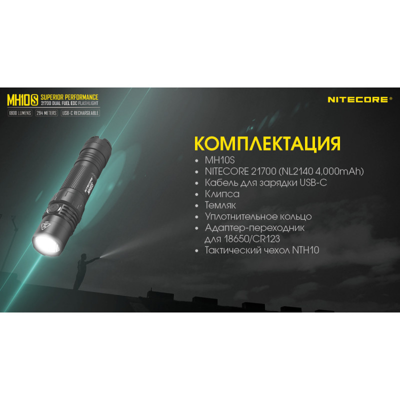 Потужний кишеньковий ліхтар Nitecore MH10S (USB Type-C), що заряджається.