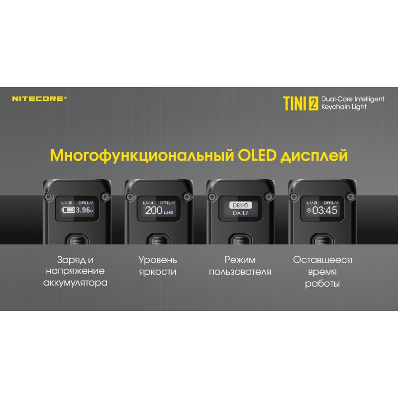 Потужний ліхтарик з LED дисплеєм Nitecore TINI 2 (USB Type-C), сірий