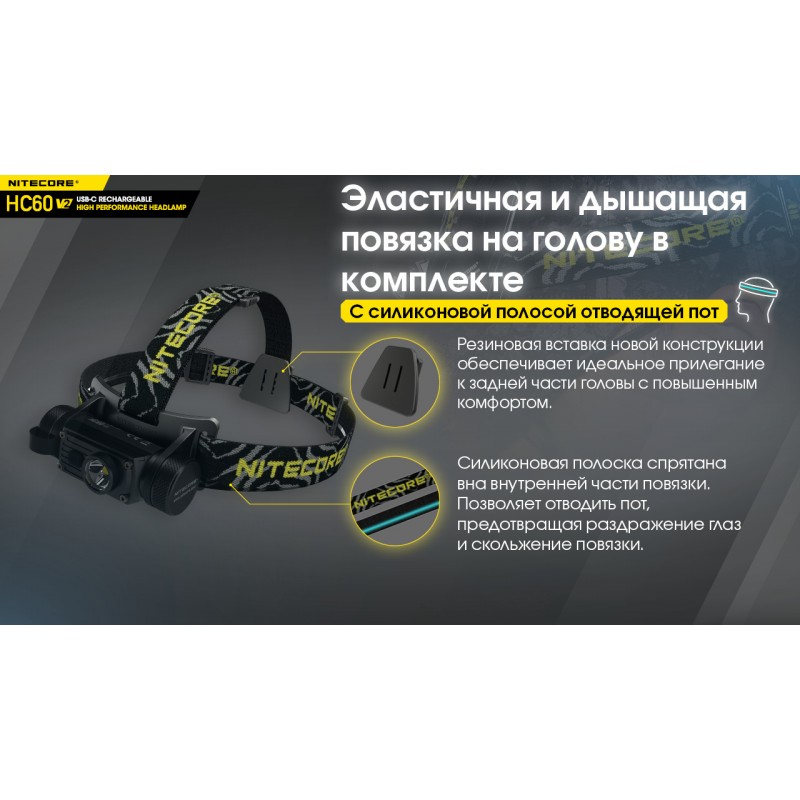 Фонарь налобный Nitecore HC60 V2 (OSRAM P9, 1200 люмен, 8 режимов, 1x18650, USB Type-C)