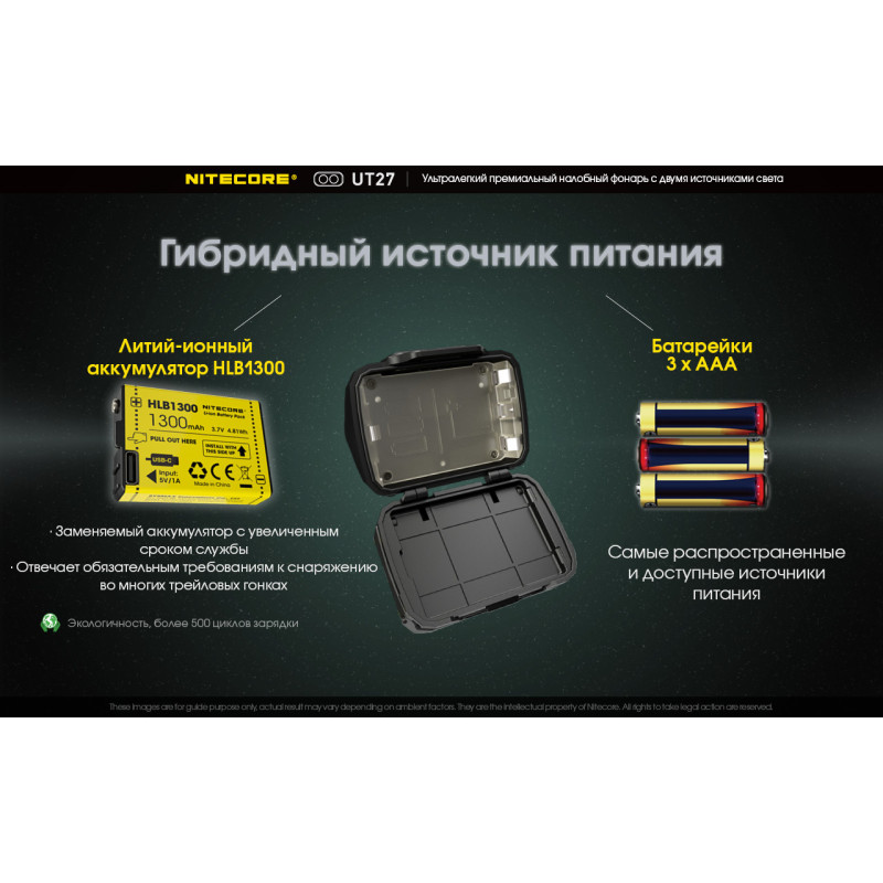 Налобный фонарь с универсальным питанием Nitecore UT27 (2 x CREE, 520 люмен, 7 режимов, 3xAAA, USB-C)