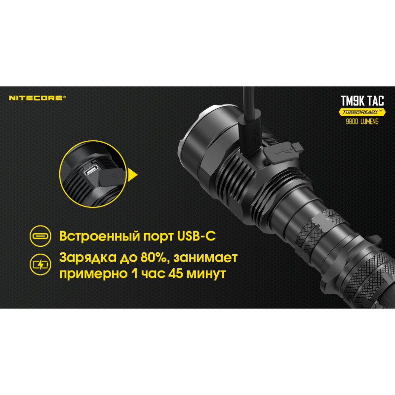 Ліхтар Nitecore TM9K TAC (CREE XP-L2 HD LEDs, 9800 люмен, 6 режимів, USB Type-C)