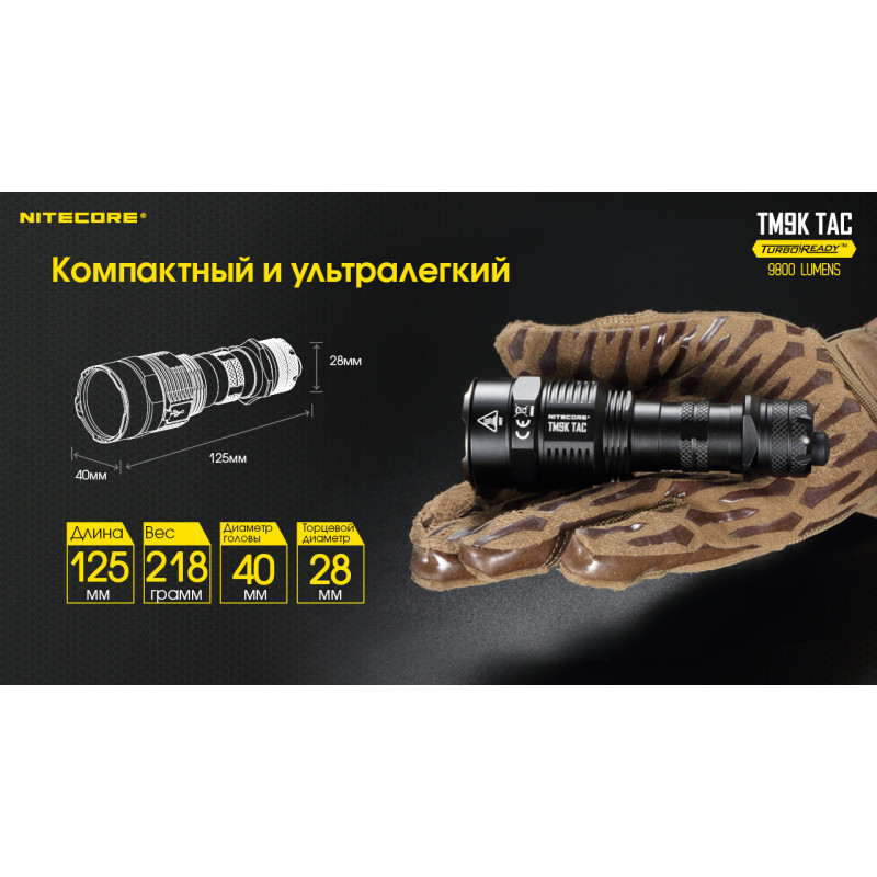Ліхтар Nitecore TM9K TAC (CREE XP-L2 HD LEDs, 9800 люмен, 6 режимів, USB Type-C)