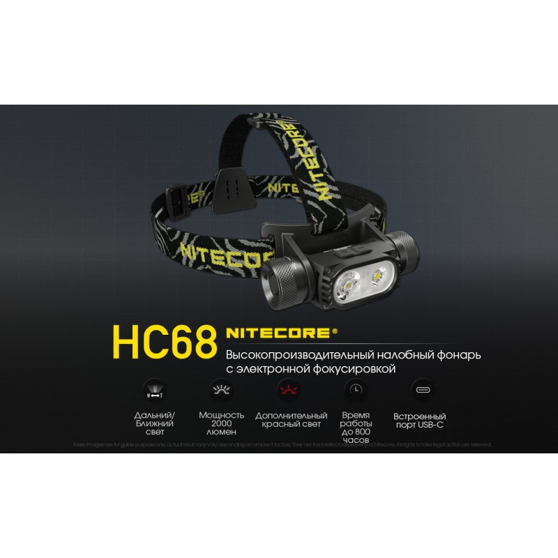 Ліхтар налобний фокусований Nitecore HC68 (Luminus LED + RED LED, 2000 люмен, 16 режимів, 1x18650, USB-C)