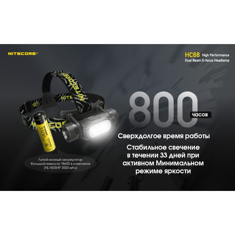 Ліхтар налобний фокусований Nitecore HC68 (Luminus LED + RED LED, 2000 люмен, 16 режимів, 1x18650, USB-C)