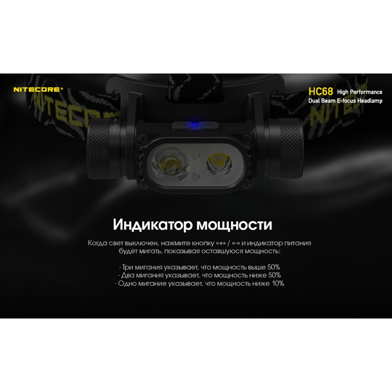Ліхтар налобний фокусований Nitecore HC68 (Luminus LED + RED LED, 2000 люмен, 16 режимів, 1x18650, USB-C)