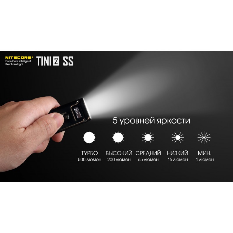 Ліхтар наключний Nitecore TINI 2 SS (2xOSRAM P8, 500 люмен, 5 режимів, USB Type-C), чорна смола