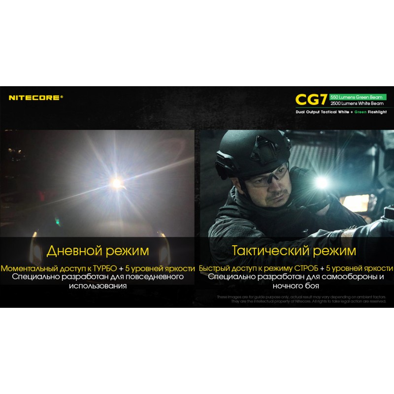 Мощный тактический фонарь NItecore CG7 с белым и зеленым светом