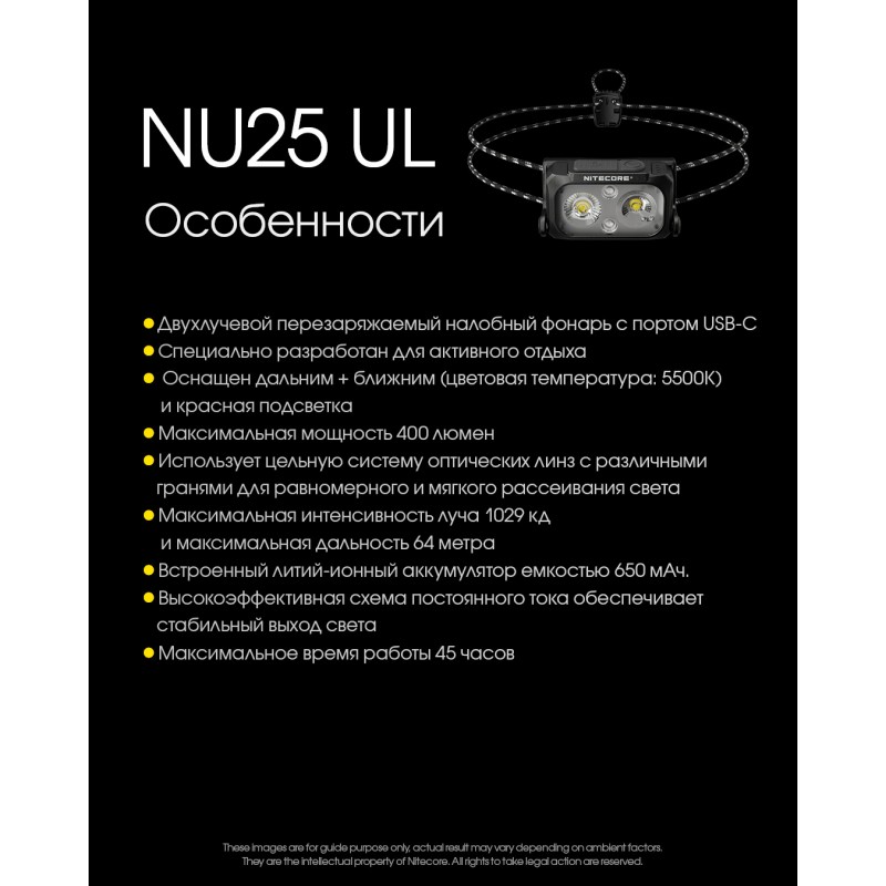 Ультралегкий налобный фонарь Nitecore NU25 UL NEW, черный
