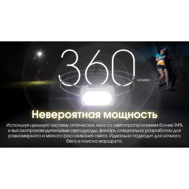 Ліхтар налобний Nitecore NU21 (360 люмен, 8 режимів, USB-C), білий