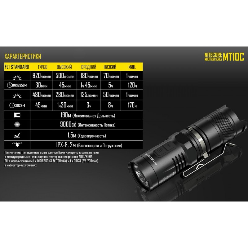 Ліхтар Nitecore MT10C (Сree XM-L2 U2, 920 люмен, 10 режимів, 1хCR123A/IMR 18350)