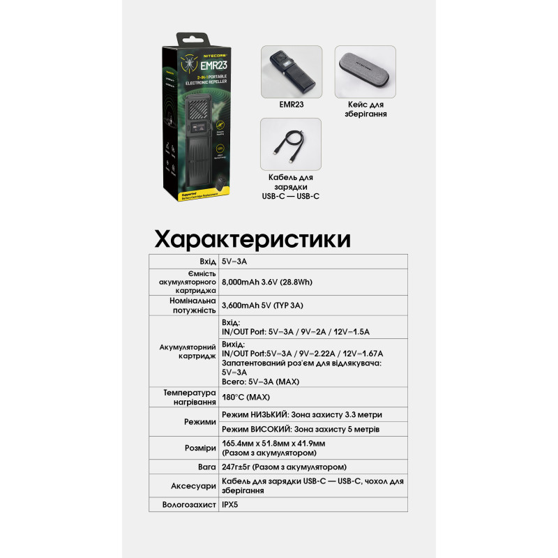 2в1 Фумігатор бездротовий, Power Bank Nitecore EMR23 (QC 3.0, 8000mAh)