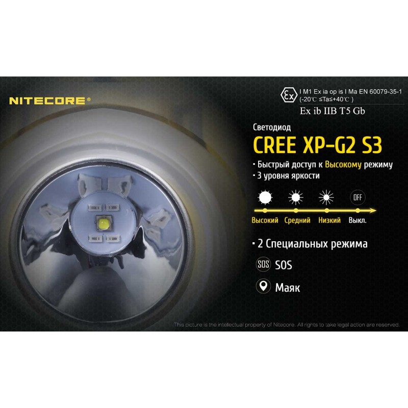 Фонарь налобный, взрывозащищенный Nitecore EH1, 6500К (Сree XP-G2 S3, 260 люмен, 2x18650)