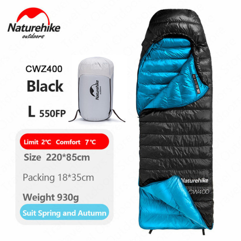 Спальник с натуральным пухом Naturehike CW400 NH18C400-D, р-р L, черно-голубой