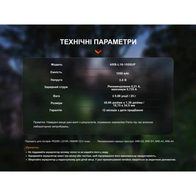 Акумулятор 16340 Fenix (1050 mAh) Type-C